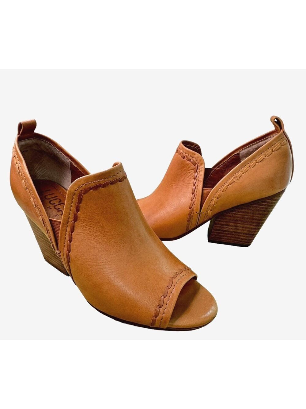 Lucca Lane Sz 7.5M Anna Butter Soft Camel Leather Open Toe Booties Stacked Heel